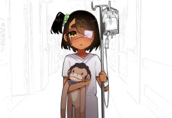Rule 34 | 1girl, black hair, blush, brown hair, character request, commentary, copyright request, cowboy shot, dark-skinned female, dark skin, english commentary, eyepatch, green scrunchie, hair ornament, hair scrunchie, highres, holding, hospital gown, indoors, iv stand, looking at viewer, medical eyepatch, one side up, open mouth, scrunchie, shirt, short hair, short sleeves, side ponytail, solo, straight-on, stuffed monkey, stuffed toy, yeun