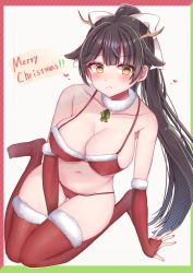 Rule 34 | 1girl, absurdres, azur lane, bad id, bad pixiv id, bikini, black hair, bow, breasts, bridal gauntlets, christmas, fake horns, full body, fur-trimmed bikini, fur-trimmed gloves, fur-trimmed legwear, fur collar, fur trim, gloves, gluteal fold, heart, highres, himeno ame, horns, large breasts, long hair, merry christmas, ponytail, red bikini, red thighhighs, santa costume, simple background, solo, swimsuit, takao (azur lane), thigh gap, thighhighs, white background, white bow, yellow eyes