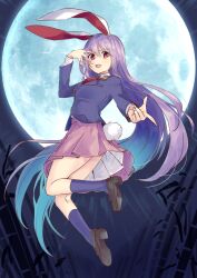 Rule 34 | 1girl, animal ears, bamboo, black jacket, commentary request, crescent, crescent pin, eye trail, finger gun, full moon, highres, jacket, ksk (semicha keisuke), light trail, long hair, moon, necktie, night, open mouth, pink skirt, purple hair, rabbit ears, rabbit tail, red eyes, red necktie, reisen udongein inaba, shirt, shoes, skirt, solo, tail, touhou, white shirt