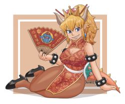 Rule 34 | 1girl, armlet, ayyk92, black nails, blonde hair, borrowed design, bowser, bowsette, bracelet, china dress, chinese clothes, chinese new year, cleavage cutout, clothing cutout, collar, crown, dress, earrings, ganon, hand fan, highres, horns, jewelry, mario (series), nail polish, new super mario bros. u deluxe, nintendo, pantyhose, sharp teeth, solo, spiked armlet, spiked bracelet, spiked collar, spiked shell, spiked tail, spikes, super crown, tail, teeth, the legend of zelda, turtle shell