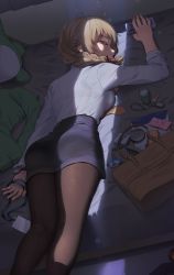 Rule 34 | 1girl, arm up, ass, bag, bed, blue skirt, bra visible through clothes, braid, breasts, brown hair, brown pantyhose, cellphone, closed eyes, commentary request, dress shirt, feet out of frame, from behind, green jacket, hair ornament, hair scrunchie, highres, holding, holding phone, idolmaster, idolmaster cinderella girls, indoors, jacket, kamille (vcx68), key, lanyard, long hair, long sleeves, lying, makeup, office lady, on bed, on stomach, pantyhose, pantylines, phone, profile, scrunchie, senkawa chihiro, shirt, shirt tucked in, skirt, sleeping, smartphone, solo, stuffed toy, tears, unworn jacket, white shirt