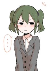 Rule 34 | ..., 1girl, alternate hairstyle, blush, business suit, collared shirt, commentary, dated, formal, frown, green eyes, green hair, highres, igarashi futaba (shiromanta), jacket, looking to the side, medium hair, office lady, senpai ga uzai kouhai no hanashi, shiromanta, shirt, short twintails, simple background, solo, spoken ellipsis, suit, twintails, twintails day, two side up, white background