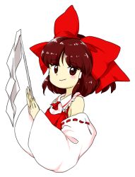 Rule 34 | 1girl, ascot, bare shoulders, bow, brown eyes, brown hair, closed mouth, detached sleeves, full body, gohei, hair bow, hair tubes, hakurei reimu, holding, holding gohei, long sleeves, nonamejd, official style, red ascot, red bow, ribbon-trimmed sleeves, ribbon trim, simple background, smile, solo, touhou, white background, white sleeves, zun (style)