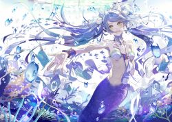 Rule 34 | 1girl, bare shoulders, beads, blue hair, breasts, bubble, coral, earrings, fish, hanamura mai, jewelry, long hair, mermaid, monster girl, navel, open mouth, original, ring, sample watermark, scales, shell, shell bikini, smile, solo, tail, twintails, underwater, very long hair, watermark, wrist cuffs, yellow eyes