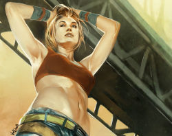 Rule 34 | 1girl, adjusting hair, armpits, belt, blonde hair, blue eyes, blue mary, breasts, close-up, daniel oduber, fatal fury, from below, medium breasts, midriff, navel, realistic, snk, solo, tank top, the king of fighters