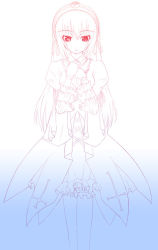 Rule 34 | 00s, 1girl, asa (swallowtail), dress, frills, gradient background, hairband, lolita hairband, long sleeves, looking at viewer, monochrome, red eyes, rozen maiden, simple background, solo, spot color, standing, suigintou, swallowtail