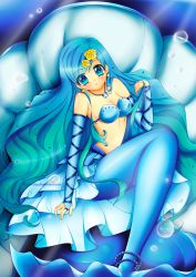 Rule 34 | 1girl, blue dress, blue eyes, blue hair, blue theme, bracelet, dress, flower, hair between eyes, hair ornament, hairclip, highres, houshou hanon, jewelry, long hair, looking at viewer, mermaid, mermaid melody pichi pichi pitch, monster girl, nail polish, necklace, rikuharuka, shell, shell necklace, star (symbol), yellow flower