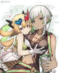 Rule 34 | ..., 2girls, ark john up, blonde hair, grabbing another&#039;s breast, breasts, cellphone, cleavage, clothing cutout, dark-skinned female, dark skin, diagonal bangs, dress, duel monster, evil twin&#039;s trouble sunny, expressionless, eyewear on head, glasses, grabbing, green hair, hand on another&#039;s waist, heart, highres, holding, holding phone, large breasts, luna (dm) (yu-gi-oh!), multicolored hair, multiple girls, navel, phone, signature, smartphone, smirk, spoken heart, stomach cutout, strapless, strapless dress, sunny (yu-gi-oh!), twintails, white hair, yu-gi-oh!, yuri