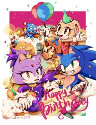 Rule 34 | 1boy, 2girls, balloon, birthday, birthday cake, blaze the cat, blush, cake, candle, cat girl, chao (sonic), confetti, cream the rabbit, crown, food, forehead jewel, furry, furry female, gloves, gold necklace, green eyes, happy birthday, hat, high heels, highres, jewelry, multiple girls, necklace, party hat, pink footwear, purple fur, rfts10919, smirk, sonic (series), sonic rush, sonic the hedgehog, yellow eyes