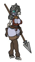 Rule 34 | 1girl, areola slip, armor, belt, belt buckle, blue eyes, boots, breasts squeezed together, breasts, brigandine (armor), buckle, cameltoe, cleft of venus, concept art, darkest dungeon, female knight, full body, gloves, green hair, helmet, holding, holding polearm, holding spear, holding weapon, knight, large breasts, leather armor, looking back, multicolored skin, no bra, pauldrons, polearm, scarf, short hair, shoulder armor, skeletal arm, skeletal leg, solo, spear, spiked armor, spiked helmet, standing, thick thighs, thigh boots, thighs, toes, torn boots, transparent background, two-tone skin, undead, weapon, xelsword