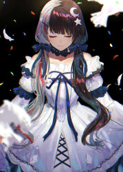 Rule 34 | 1girl, animal, bare shoulders, bird, black background, black bow, black hair, black ribbon, blurry, blurry foreground, bow, closed eyes, closed mouth, collarbone, depth of field, dress, facing viewer, feathers, hair bow, hair over shoulder, highres, isshiki (ffmania7), layered sleeves, long hair, long sleeves, multicolored hair, nijisanji, off-shoulder dress, off shoulder, puffy short sleeves, puffy sleeves, red hair, ribbon, short over long sleeves, short sleeves, silver hair, simple background, smile, solo, split-color hair, streaked hair, twintails, two-tone hair, very long hair, virtual youtuber, white dress, white feathers, yorumi rena, yorumi rena (3rd costume)