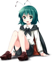 Rule 34 | 1girl, :d, antennae, arm support, black cape, black shorts, blush, brown footwear, cape, commentary request, full body, green eyes, green hair, hair between eyes, highres, knees up, loafers, long sleeves, looking at viewer, open mouth, ruu (tksymkw), shadow, shirt, shoes, short hair, shorts, sitting, smile, solo, thighs, touhou, white shirt, wing collar, wriggle nightbug