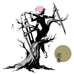 Rule 34 | 00s, 177, ambiguous gender, androgynous, barefoot, cherry blossoms, crona (soul eater), dress, gender request, holding, holding sword, holding weapon, monochrome, pink hair, ragnarok (demon sword), short hair, simple background, soul eater, spot color, sword, tree, weapon, white background