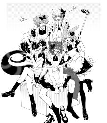 Rule 34 | 5boys, alternate costume, apron, arknights, chiave (arknights), dog boy, elysium (arknights), hair over one eye, hand on own chin, heart, highres, iwashi 80, leonhardt (arknights), maid, maid apron, male focus, monochrome, multicolored hair, multiple boys, one eye closed, open mouth, rabbit boy, ribbon, selfie, selfie stick, short hair, sitting, smile, snake boy, socks, star (symbol), streaked hair, tequila (arknights), thighs, tongue, tongue out, white hair, wolf boy