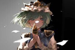 Rule 34 | 1girl, black background, blue eyes, blue hat, blue vest, blush, breasts, closed mouth, commentary, epaulettes, frilled hat, frills, green hair, grey background, hair between eyes, hat, highres, long bangs, long sleeves, looking at viewer, one-hour drawing challenge, pukuno, rod of remorse, shiki eiki, shirt, short hair, small breasts, smile, solo, touhou, twitter username, two-tone background, upper body, vest, white shirt, wind