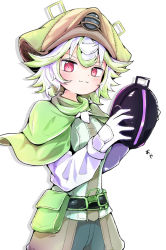 Rule 34 | 1girl, :3, aged up, belt, belt pouch, black belt, blouse, breasts, brown hat, capelet, closed mouth, commentary request, cowboy shot, curly hair, drop shadow, gloves, green capelet, green hair, green hat, hands up, hat, holding, holding mask, long sleeves, looking at viewer, made in abyss, mask, medium breasts, medium hair, multicolored clothes, multicolored hair, multicolored hat, ndamake, pants, pink eyes, pouch, prushka, shirt, simple background, solo, split mouth, streaked hair, translation request, unworn mask, v-shaped eyebrows, white background, white gloves, white hair, white shirt