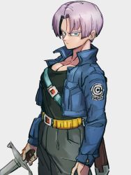 Rule 34 | 1boy, belt, belt buckle, black pants, black shirt, blue eyes, blue jacket, buckle, capsule corp, closed mouth, commentary request, dragon ball, dragonball z, grey background, holding, holding sword, holding weapon, jacket, kemachiku, light purple hair, long sleeves, looking at viewer, male focus, muscular, muscular male, open clothes, open jacket, pants, sheath, shirt, simple background, solo, sword, trunks (dragon ball), trunks (future) (dragon ball), weapon, yellow belt