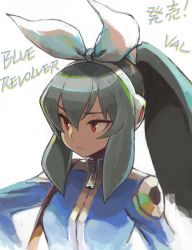 Rule 34 | 1girl, announcement celebration, black hair, blue revolver, hairband, hand on own hip, headphones, highres, hiro1984, jacket, long hair, looking afar, ponytail, red eyes, simple background, sitting, solo, track jacket, upper body, valerie (blue revolver), white background