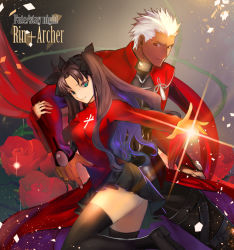 Rule 34 | 1boy, 1girl, archer (fate), astarone, black hair, black thighhighs, dark-skinned male, dark skin, fate/stay night, fate (series), flower, green eyes, hair ribbon, long hair, long legs, looking at viewer, red eyes, ribbon, rose, short hair, skirt, thighhighs, tohsaka rin, twintails, two side up, white hair, zettai ryouiki