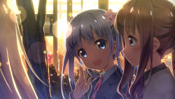 Rule 34 | 10s, 2girls, 3girls, :d, backlighting, blazer, blonde hair, blue eyes, blush, building, bush, city, closed mouth, collared shirt, commentary request, eyebrows, flower, from side, hair flower, hair ornament, jacket, lens flare, long hair, long sleeves, looking at viewer, multiple girls, neck ribbon, new game!, open mouth, out of frame, outdoors, palms, profile, purple eyes, purple hair, ribbon, shirt, sidelocks, smile, suzukaze aoba, takimoto hifumi, tree, twintails, upper body, yagami kou, yuuki tatsuya