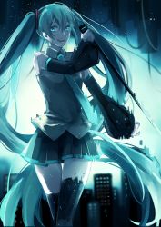Rule 34 | 1girl, aqua eyes, aqua hair, bad id, bad pixiv id, detached sleeves, gradient background, hatsune miku, long hair, microphone, monochrome, necktie, night, open mouth, skirt, solo, thighhighs, twintails, very long hair, vocaloid, yumao (yashi-ro)