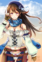 Rule 34 | 1girl, alternate color, bad id, bad pixiv id, beret, blue bow, blue hat, blue pants, blue scarf, blush, bow, bow panties, breasts, brown gloves, brown hair, cleavage, cloud, commentary request, cowboy shot, dated, detached sleeves, fingerless gloves, gloves, hair between eyes, hand in own hair, hat, hat bow, long hair, looking at viewer, medium breasts, navel, open mouth, panties, pants, polka dot, polka dot bow, polka dot scarf, ragnarok online, ranger (ragnarok online), reload9 yohji, scarf, shirt, signature, solo, striped, striped bow, underwear, watermark, web address, white panties, white shirt, white sleeves