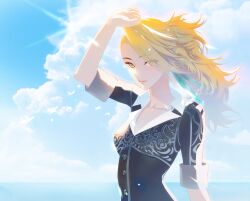 Rule 34 | 1girl, arc the lad, blonde hair, blue sky, breasts, closed mouth, cloud, cofffee, collarbone, collared shirt, long hair, looking at viewer, medium breasts, ponytail, protected link, shirt, sky, small breasts, smile, solo, yellow eyes