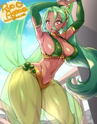 Rule 34 | 1girl, :o, agawa ryou, arabian clothes, armpits, arms up, bad id, bad tumblr id, breasts, brown eyes, clover, commentary, contrapposto, curvy, dark-skinned female, dark skin, earrings, green hair, halterneck, harem pants, hoop earrings, jewelry, large breasts, long hair, navel piercing, original, pants, parted lips, piercing, see-through, sideboob, signature, solo, thick thighs, thighs