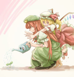 Rule 34 | 2girls, :d, arm ribbon, ascot, beret, blonde hair, blush stickers, bow, braid, chinese clothes, crystal, dress, fang, flandre scarlet, frilled dress, frills, green dress, hat, hat bow, hong meiling, hug, hug from behind, kitsune maru, long hair, mary janes, mob cap, multiple girls, open mouth, plant, puffy short sleeves, puffy sleeves, red hair, ribbon, shoes, short sleeves, side ponytail, skirt, skirt set, smile, squatting, star (symbol), touhou, very long hair, watering, watering can, wings