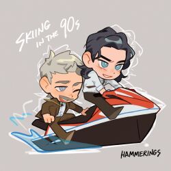 Rule 34 | 2boys, artist name, black hair, blue eyes, blush, brown footwear, brown jacket, brown necktie, brown pants, chibi, chibi only, collared shirt, commentary, driving, english commentary, english text, facial hair, formal, grey background, grey hair, hammerings, highres, jacket, jet ski, loki (disney+), loki (marvel), long sleeves, looking at another, looking to the side, male focus, marvel, marvel cinematic universe, medium hair, mobius (marvel), multiple boys, mustache, necktie, one eye closed, open clothes, open jacket, open mouth, pants, shirt, shoes, short hair, simple background, sitting, smile, suit, teeth, v-shaped eyebrows, water, white shirt