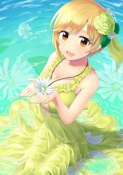 Rule 34 | 1girl, :d, aiba yumi, blonde hair, breasts, brown eyes, cleavage, collarbone, day, dress, flower, green flower, hair flower, hair ornament, highres, holding, holding flower, idolmaster, idolmaster cinderella girls, jewelry, kurageso, medium breasts, necklace, open mouth, outdoors, short dress, short hair, sitting, sleeveless, sleeveless dress, smile, solo, water, wet, wet clothes, wet dress, white flower, yellow dress