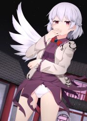 Rule 34 | 1girl, architecture, bow, bowtie, braid, breasts, building, closed mouth, dress, east asian architecture, french braid, hair between eyes, half-closed eyes, hand to own mouth, highres, jacket, kishin sagume, light frown, light particles, long sleeves, looking at viewer, mashirohiyuki, medium breasts, night, night sky, open clothes, panties, purple dress, red bow, red bowtie, short hair, single wing, sky, solo, standing, thighs, touhou, underwear, white panties, wings
