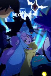 Rule 34 | 1girl, aqua hair, bellibolt, bow-shaped hair, commentary request, creatures (company), echo (circa), english text, game freak, gen 4 pokemon, green eyes, iono (pokemon), jacket, kilowattrel, long hair, looking at viewer, low-tied long hair, luxray, mismagius, multicolored hair, nintendo, open mouth, oversized clothes, pink hair, pokemon, pokemon (creature), pokemon sv, rotom, rotom (normal), sharp teeth, smile, split-color hair, teeth, twintails, two-tone hair, very long hair, yellow jacket
