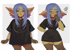 Rule 34 | 1girl, absurdres, blue hair, blush, breasts, choker, colored skin, commentary, ear piercing, female goblin, fingerless gloves, gloves, goblin, green skin, hair between eyes, heart, highres, large ears, maewix (artist), medium breasts, original, piercing, pointy ears, rissma (maewix), short sleeves, solo, symbol-only commentary, thighhighs