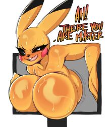 Rule 34 | 1girl, black sclera, blush, breasts, colored sclera, computer, creatures (company), furry, furry female, game freak, gen 1 pokemon, highres, huge breasts, licking, licking lips, looking at viewer, nintendo, pikachu, pokemon, saltyxodium, solo, tongue, tongue out, white eyes, yellow fur