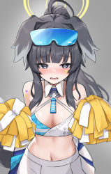 Rule 34 | 1girl, animal ears, black hair, blue archive, blush, breasts, cheerleader, cleavage, collarbone, commentary request, dog ears, dog girl, dog tail, facial mark, grey background, grey eyes, hibiki (blue archive), hibiki (cheer squad) (blue archive), highres, holding, long hair, looking at viewer, millennium cheerleader outfit (blue archive), mitsumine raimu, navel, open mouth, pleated skirt, pom pom (cheerleading), ponytail, simple background, skirt, small breasts, solo, star (symbol), tail, wavy mouth, white skirt
