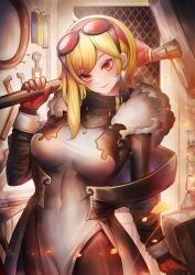 Rule 34 | 1girl, absurdres, black coat, black gloves, blonde hair, blush, breasts, coat, dress, fur collar, gloves, hammer, highres, holding, holding hammer, hololive, hololive indonesia, impossible clothes, impossible dress, kaela kovalskia, kaela kovalskia (1st costume), large breasts, long hair, looking at viewer, pencil dress, red eyes, red gloves, smile, solo, two-sided gloves, virtual youtuber, ziteng yue