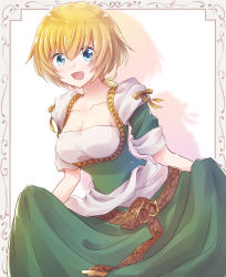 Rule 34 | 1girl, :d, absurdres, arte, arte (character), blonde hair, blue eyes, breasts, cleavage, dress, green dress, hair between eyes, highres, looking at viewer, medium breasts, nyaa (nnekoron), open mouth, short ponytail, short sleeves, simple background, skirt hold, smile, solo, standing