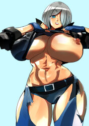Rule 34 | 1girl, abs, alternate breast size, angel (kof), blue eyes, breasts, breasts out, chaps, clothes lift, fingerless gloves, flashing, gloves, jacket, kemonono (inchiki dou), large breasts, leather, leather jacket, lifted by self, looking at viewer, navel, nipples, no bra, open mouth, panties, short hair, simple background, smile, snk, solo, the king of fighters, the king of fighters xiv, underwear