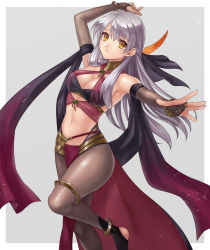 1girl, absurdres, alternate costume, anklet, arm up, bandeau, bangs, border, bracelet, commentary request, commission, cosplay, criss-cross halter, dancer, dorothea arnault, dorothea arnault (cosplay), elbow gloves, eyebrows visible through hair, feathers, fingerless gloves, fire emblem, fire emblem: radiant dawn, fire emblem heroes, gloves, grey background, grey gloves, grey legwear, hair feathers, halterneck, hazuki (nyorosuke), highres, jewelry, long hair, looking at viewer, micaiah (fire emblem), midriff, navel, nintendo, outside border, pantyhose, parted lips, shawl, silver hair, simple background, skeb commission, solo, standing, stomach, thighlet, thighs, white border, yellow eyes