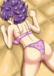 Rule 34 | 1girl, ass, blush, bra, breast press, breasts, cameltoe, dragon ball, closed eyes, female focus, highres, large breasts, legs, lipstick, lying, makeup, on stomach, open mouth, panties, pink bra, pink panties, purple hair, pyramid house, ranfan, short hair, solo, thighs, underwear