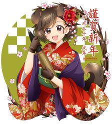 Rule 34 | 10s, 1girl, :d, akiyama yukari, animal ears, artist name, black gloves, blue shawl, brown eyes, brown hair, chinese zodiac, commentary request, dog ears, dog tail, floral print, flower, girls und panzer, gloves, hair flower, hair ornament, happy new year, highres, holding, japanese clothes, kimono, long sleeves, looking at viewer, messy hair, new year, open mouth, parda siko, print kimono, red kimono, shawl, short hair, smile, solo, standing, tail, tank shell, translation request, upper body, wide sleeves, year of the dog