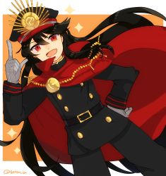 Rule 34 | 1girl, bad id, bad pixiv id, belt, black hair, cape, dutch angle, fang, fate/grand order, fate (series), gloves, hand on own hip, hat, highres, index finger raised, koha-ace, long hair, long sleeves, military, military uniform, oda nobunaga (fate), oda nobunaga (koha-ace), orange background, peaked cap, red eyes, solo, twitter username, uniform