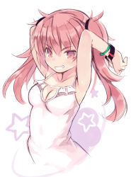 Rule 34 | 1girl, armpits, arms up, bare shoulders, breasts, cleavage, cropped torso, dress, grin, hair between eyes, kurasuke, long hair, looking at viewer, medium breasts, original, red eyes, red hair, sleeveless, sleeveless dress, smile, solo, star (symbol), twintails, upper body, white background, white dress