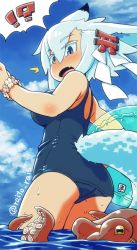 Rule 34 | 1girl, animal ears, ass, blue hair, borrowed character, mawaru (mawaru), octopus, one-piece swimsuit, original, outdoors, partially submerged, swimsuit, tail, tentacles, torii hair ornament, water, wet