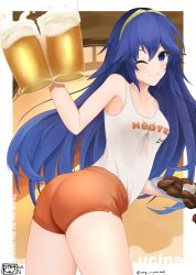 Rule 34 | 1girl, alcohol, alternate costume, ass, beer, beer mug, birthmark, blouse, blue eyes, blue hair, breasts, character name, cleavage, collarbone, commission, cup, fire emblem, fire emblem awakening, highres, hooters, indoors, looking at viewer, looking back, lucina (fire emblem), medium breasts, mug, nintendo, one eye closed, orange shorts, ryuusaki rei, shirt, short shorts, shorts, signature, skeb commission, sleeveless, sleeveless shirt, smile, solo, tank top, tiara, tight clothes, twitter username, white shirt