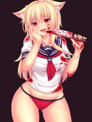 Rule 34 | 1girl, animal ear fluff, animal ears, blonde hair, blood, blood on clothes, blood on face, blush, breasts, cat ears, cowboy shot, dark background, gluteal fold, hair between eyes, highres, knife, large breasts, long hair, looking at viewer, no pants, nottytiffy, open mouth, original, panties, red background, red eyes, red panties, school uniform, serafuku, slit pupils, solo, tiffy (nottytiffy), tongue, tongue out, underwear, yandere