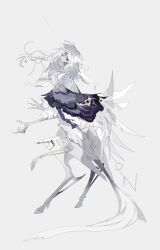 Rule 34 | colored skin, feathers, full body, green eyes, grey background, highres, hooves, horns, kamikiririp, monster, original, purple feathers, single horn, skeletal leg, solo, white feathers, white hair, white skin, white tail