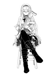 Rule 34 | 1girl, adaptive combat rifle, ankle boots, assault rifle, black footwear, blunt bangs, boots, crossed legs, didloaded, frilled skirt, frills, glasses, greyscale, gun, hairband, hime cut, long hair, looking at viewer, monochrome, original, pantyhose, ribbon, rifle, simple background, sitting, skirt, solo, thighband pantyhose, weapon, white background