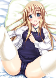 Rule 34 | 1girl, artist request, bed, blonde hair, blue eyes, blush, breasts, cameltoe, female focus, from above, highres, k-on!, kotobuki tsumugi, looking at viewer, lying, on back, smile, solo, spread legs, swimsuit, thighhighs, thighs